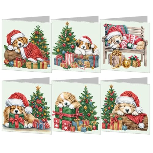 egjxal 6pcs 5D DIY Diamond Painting Weihnachtskarten Set Diamond Art Weihnachtskarte mit Umschlag Diamant Kunst Postkarte für Familie, Freunde und Kollegen (Weihnachtshund Diamant Malerei Karten Set) von egjxal