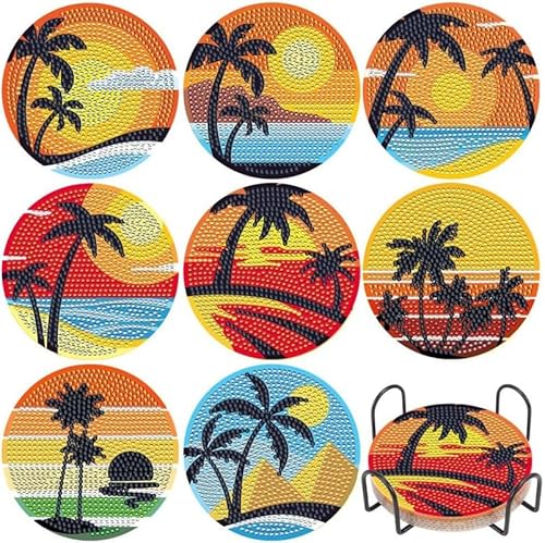 egjxal 8 Diamond Art Coasters Diamond Art Coaster Set with Holder Diamond Craft Art Painting Coasters DIY Coasters Diamond Painting Set for Kids and Adults Beginners (Coconut Tree at Sunset) von egjxal