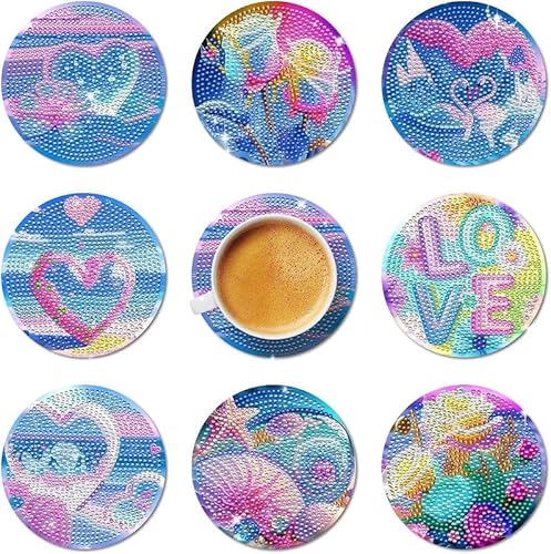 egjxal 8 Diamond Art Coasters Diamond Art Coaster Set with Holder Diamond Craft Art Painting Coasters DIY Coasters Diamond Painting Set for Kids and Adults Beginners (Herzform) von egjxal