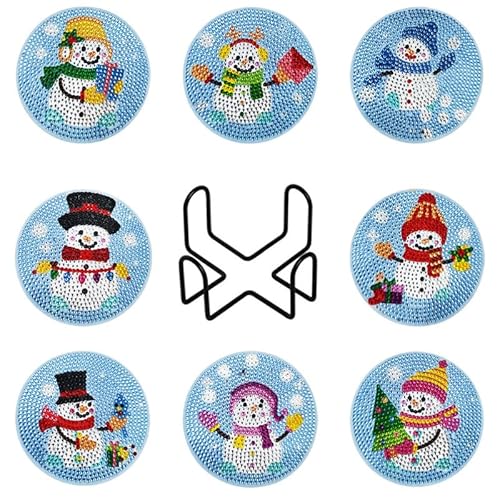 egjxal 8pcs Diamond Art Coasters Diamond Art Coaster Set with Holder Diamond Craft Art Painting Coasters DIY Coasters Diamond Painting Set for Kids and Adults Beginners (Christmas Snowman) von egjxal