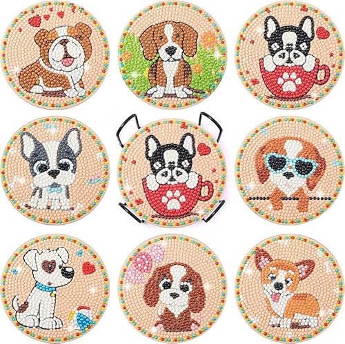 egjxal 8pcs Diamond Art Coasters Diamond Art Coaster Set with Holder Diamond Craft Art Painting Coasters DIY Coasters Diamond Painting Set for Kids and Adults Beginners (Cute Dog) von egjxal