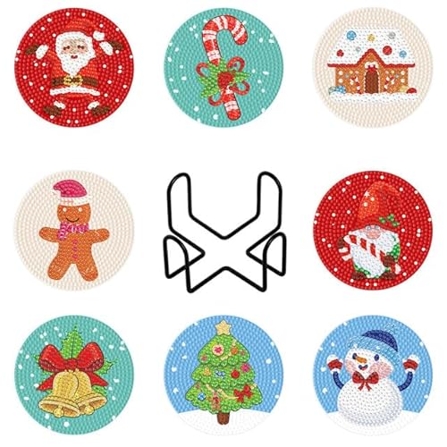 egjxal 8pcs Diamond Art Coasters Diamond Art Coaster Set with Holder Diamond Craft Art Painting Coasters DIY Coasters Diamond Painting Set for Kids and Adults Beginners (Father Christmas) von egjxal