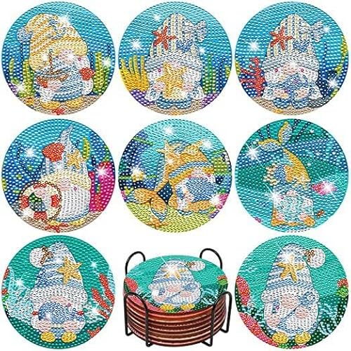 egjxal 8pcs Diamond Art Coasters Diamond Art Coaster Set with Holder Diamond Craft Art Painting Coasters DIY Coasters Diamond Painting Set for Kids and Adults Beginners (Gnomes Under The Sea) von egjxal