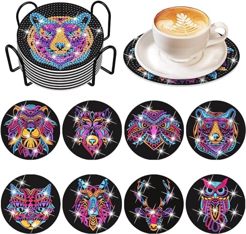 egjxal 8pcs Diamond Art Coasters Diamond Art Coaster Set with Holder Diamond Craft Art Painting Coasters DIY Coasters Diamond Painting Set for Kids and Adults Beginners (Illuminated Animals) von egjxal