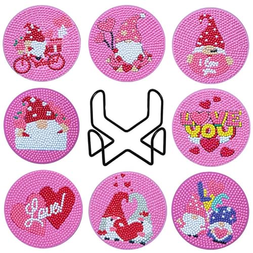 egjxal 8pcs Diamond Art Coasters Diamond Art Coaster Set with Holder Diamond Craft Art Painting Coasters DIY Coasters Diamond Painting Set for Kids and Adults Beginners (Pink Gnome) von egjxal