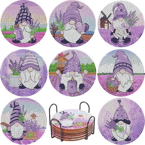 egjxal 8pcs Diamond Art Coasters Diamond Art Coaster Set with Holder Diamond Craft Art Painting Coasters DIY Coasters Diamond Painting Set for Kids and Adults Beginners (Purple Gnome) von egjxal