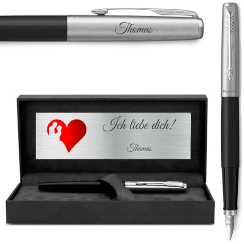 Eleganter Schwarzer Edelstahl-Füllfederhalter mit Gravur – Exklusives Business-Geschenk in Personalisierter Parker-Geschenkbox von egraw