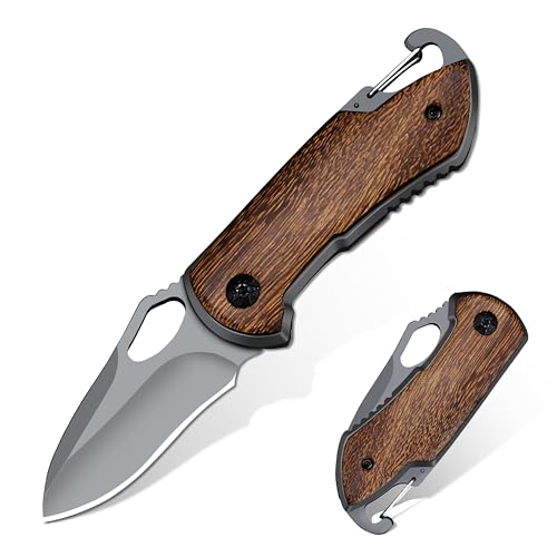 eiloszf Klappmesser Holzgriff, Jagd Camping Taschenmesser, Einhändig Klein Messer,Einhandmesser Outdoor Mini Klein Taschenwerkzeug Gürtelmesser (Grau+Braun) von eiloszf