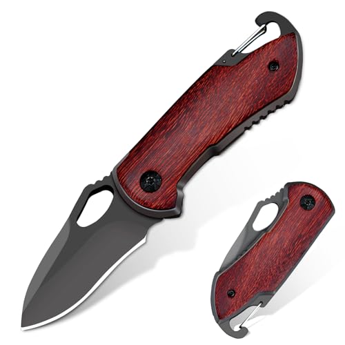 eiloszf Klappmesser Holzgriff, Jagd Camping Taschenmesser, Einhändig Klein Messer,Einhandmesser Outdoor Mini Klein Taschenwerkzeug Gürtelmesser (Schwarz+Rot) von eiloszf