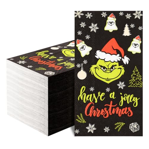 EI 100 Stück Merry Christmas Grinch Servietten 12,9 x 20,8 cm Weihnachten Abendessen Papierservietten Einwegservietten Weihnachten Cocktail Servietten 3-lagig Xmas Gästetuch Servietten für von ejonirinjonir