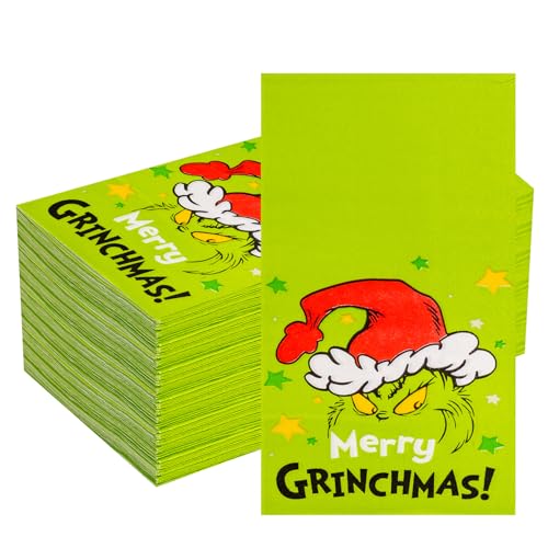 EI 150 Stück Weihnachtspapierservietten, Grinch Merry Grinchmas Getränke-Servietten, 12,9 x 20,8 cm, Grün, Einweg-Papierservietten, Cocktail-Servietten, Weihnachtsfeier-Dekorationen von ejonirinjonir