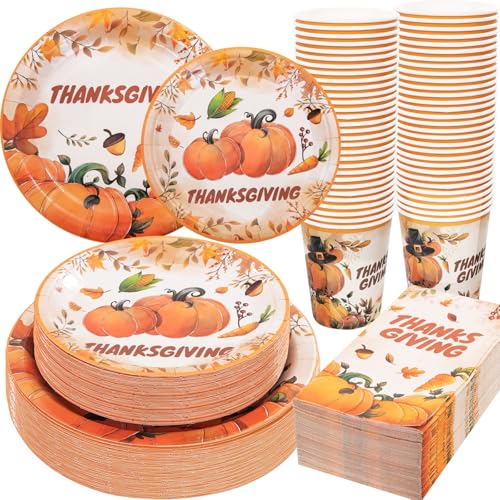 EI 200 Stück Thanksgiving-Pappteller, Thanksgiving-Partyzubehör, Thanksgiving-Teller und Servietten-Sets, Thanksgiving-Geschirr mit Kürbis, Herbst-Pappteller für Thanksgiving, Herbsternte von ejonirinjonir