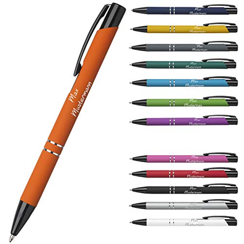 Personalisierter Kugelschreiber mit Gravur - personalisierte Geschenkidee für Weihnachten - hochwertiger Stift mit Gravur Einzeilig oder Zweizeilig - kleines Geschenk für Kollegen (Orange-Gummiert) von elasto