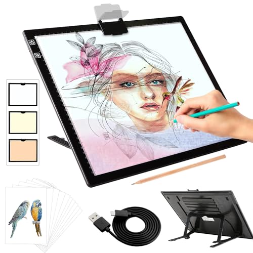 elice leuchttisch A3,Wiederaufladbares leuchtkasten mit Ständer/Clip,3 Farben stufenlos dimmbar und 6 Helligkeitsstufen,Diamond Painting Zubehör,lightpad für Diamond Painting,Zeichnen,Skizzieren von elice