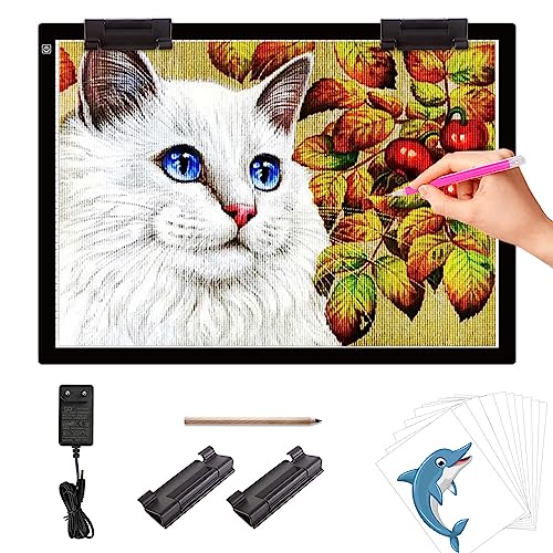 elice A2 LED Leuchttisch mit 12V 2A-Adapter und 2 Multifunktionsclips,7mm ultradünnes Leuchtplatte,3 Helligkeitsstufen,große Leuchtplatte für Diamond painting,Zeichnen, Skizzierung Designen,Animation von elice