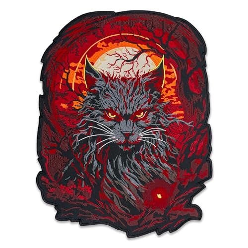 EMBROVERSE Mysterious Cat Großer bestickter Aufnäher – Blutmond Katze Rücken Jacke Zubehör, Dämonische Mitternachts-Wildkatze, Mystique Bügelapplikation, 25,4 x 33 cm von embroverse