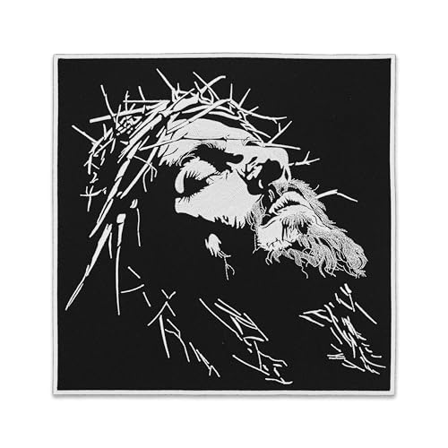 EMBROVERSE Schwarzer und weißer Jesus bestickter großer Aufnäher – christliches Bekleidungszubehör für Jeans-Rückenjacke, religiöse Kunst, Patch, Geschenk, zum Aufbügeln, 9,9 x 9,9 cm von embroverse