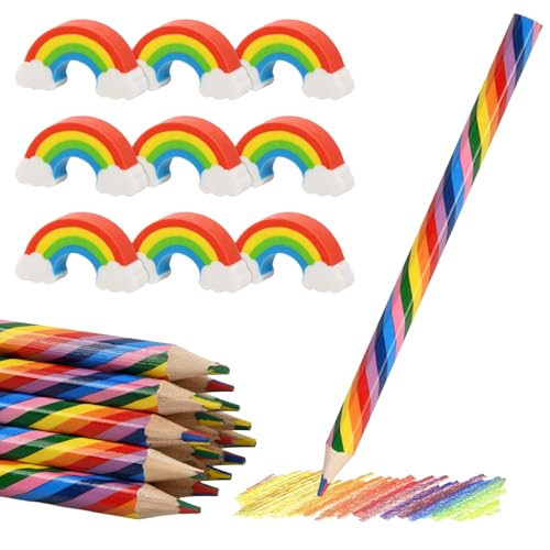 emperoch 15 Stück Kinder Regenbogen Stifte, 4 in 1 Farbstifte mit 15 Regenbogen Radiergummis, Flexible Radierer, für Zeichnung Skizzieren und Färbung, für Kinder Erwachsene Schule Basteln von emperoch