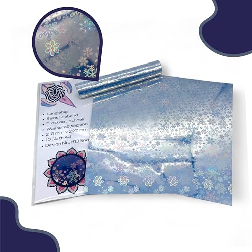 EMPOLEO Sticker Papier A4 10 Blatt Holographische selbstklebende Folie DIY Bedruckbares Vinyl Bastel Aufkleber Advendskalender Holo Tintenstrahl- Laser-Drucker (Snowflake) von empoleo