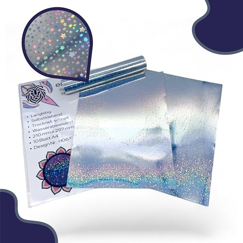 EMPOLEO Sticker Papier A4 10 Blatt Holographische selbstklebende Folie DIY Bedruckbares Vinyl Bastel Aufkleber Advendskalender Holo Tintenstrahl- Laser-Drucker (Stars) von empoleo