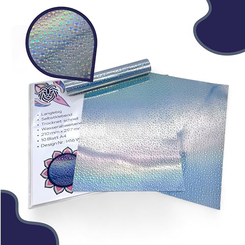 EMPOLEO Sticker Papier A4 10 Blatt Holographische selbstklebende Folie DIY Bedruckbares Vinyl Bastel Aufkleber Advendskalender Holo Tintenstrahl- Laser-Drucker (Water Drops) von empoleo