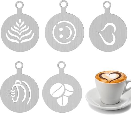 5 Stück Edelstahl Kaffeeschablonen Cappuccino Barista Schablonen Kakao Dekorations Schablone Kaffeezubehör DIY Kunst Vorlagen Kaffee Cappuccino von enxingo