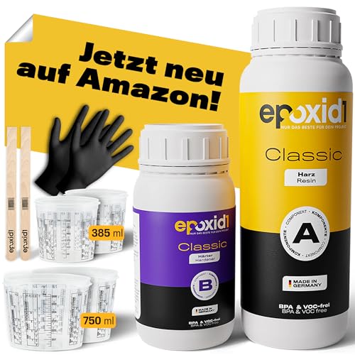 epoxid1® Epoxidharz mit Härter | Classic Resin Gießharz 0,1-1cm | glasklar & blasenfrei | Einsteigerset | Gießen von Epoxy Resin Art | Kunstharz Set für Anfänger & Profis | Made in Germany 750g von epoxid1