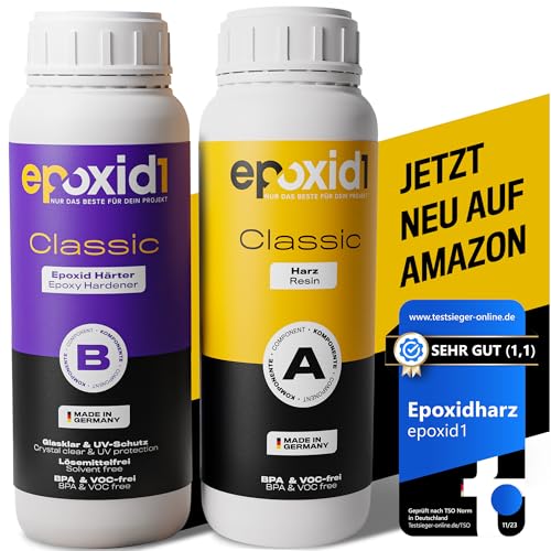 epoxid1® Epoxidharz mit Härter | Classic Resin Gießharz 0,1-1cm | glasklar & blasenfrei | ideal zum Basteln & Gießen von Epoxy Resin Art | Kunstharz Set für Anfänger & Profis | Made in Germany 750g von epoxid1