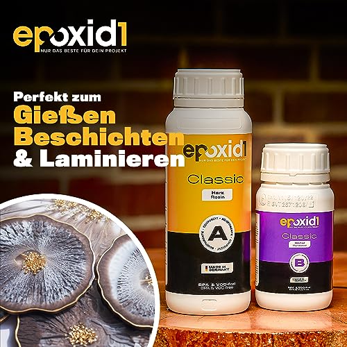 epoxid1® Epoxidharz mit Härter | Classic Resin Gießharz 0,1-1cm | glasklar & blasenfrei | ideal zum Basteln & Gießen von Epoxy Resin Art | Kunstharz Set für Anfänger & Profis | Made in Germany 3kg von epoxid1