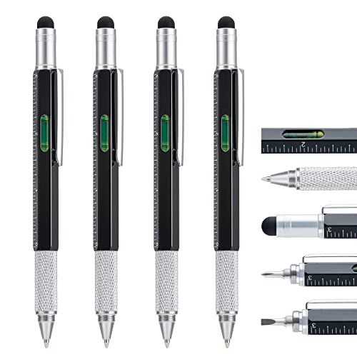 4 Stücke Multitool Pen Stift mit Extra Nachfüll, 6-in-1 Werkzeug mit Lineal & Levelgauge, Multifunktionale Metall Kugelschreiber, Cool Gadget für Männer, Geschenk für Mann Papa Vater Freund (Schwarz) von erofa