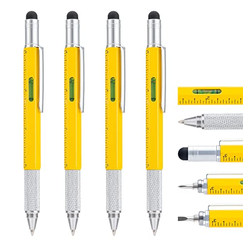 4 Stücke Multitool Pen Stift mit Extra Nachfüll, 6-in-1 Werkzeug mit Lineal & Schraubendreher, Multifunktionale Metall Kugelschreiber, Cool Gadget für Männer, großes Geschenk für Mann Vater (Gelb) von erofa