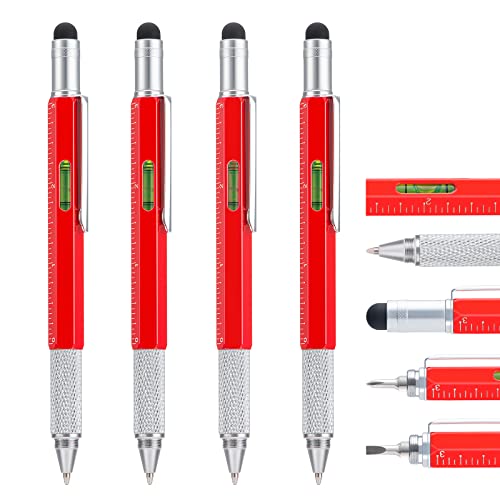 4 Stücke Multitool Pen Stift mit Extra Nachfüll, 6-in-1 Werkzeug mit Lineal & Touchscreen Eingabestift, Multifunktionale Metall Kugelschreiber, Cool Gadget für Männer, Geschenk für Vater Freund (Rot) von erofa