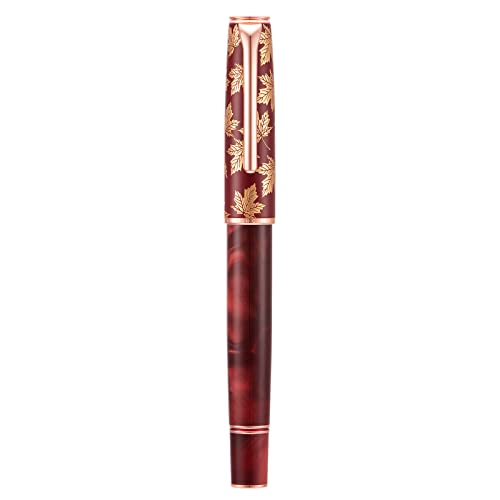 erofa Hongdian N8 Rot Acryl Füllfederhalter, Irdidium Lange Klinge Feine Feder Rose Gold Trim Ahornblätter Schnitzkappe, Glatt Schreibstift mit Konverter und Metall Stift Box Set von erofa