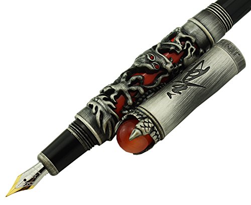 Jinhao Vintage Dragon King Füllfederhalter, feine Spitze, Rot und Grau, Schmuck auf der Oberseite, schwerer Stift mit Beutel von erofa