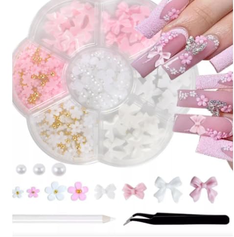 500 Stück Nail Charms - 3D Rosa Bogen Nail Art Dekoration Blumen Nagel Charms Weißen Halbperlen Charms Mit Nail Art Werkzeug Für Festival, Tägliche Nageldekoration Accessoires von ertlutw