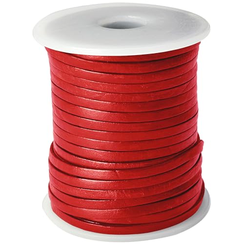 esnado Lederband flach | Breite 3 mm, Dicke 1 mm | Länge: 25 Meter/Rolle| Farbe: Rot | ECHTES Leder - pflanzlich gegerbt | zum Basteln | Herstellung von Schmuck von esnado