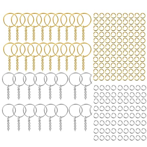 200 Stück Metall-Schlüsselringteile, 100 Stück geteilte Schlüsselanhänger mit Kette und 100 Stück Biegeringe für DIY-Schlüsselanhänger, Kunst, Handwerk, Harz und Schmuckherstellung von esowemsn