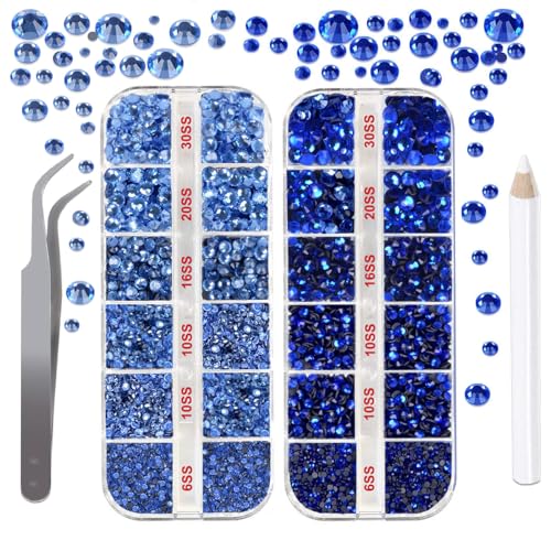 Esseelove Hotfix Strasssteine mit flacher Rückseite, Saphirblau, Hot Fixed Strasssteine zum Bedazzling, 4832 Stück, Edelstein-Picker, Pinzette, Bedazzler Kit mit Strasssteinen zum Basteln, 5 Größen von esseelove