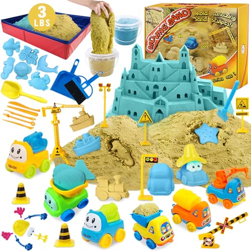 Magic Sand Kit - Spielsand Baukasten 1,35 kg Sand mit 2 Farben, 6 Mini Baufahrzeuge, Bauspielzeug und Schilder, Tierform, Modellierwerkzeuge, Faltbarer Sandkasten mit sauberen Set für Jungen Mädchen von essenson