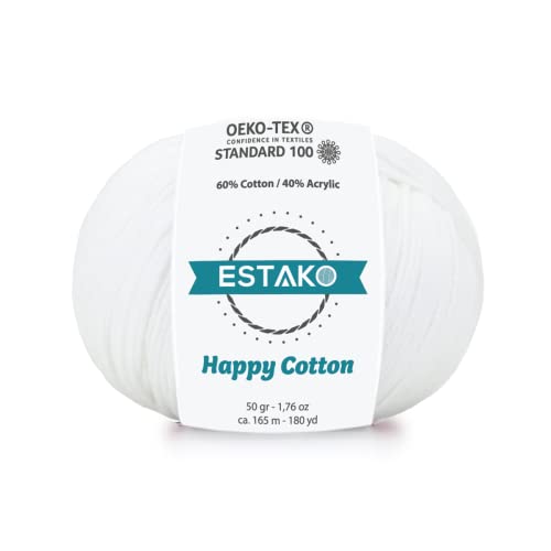 Estako Happy Cotton, 60% Baumwolle 40% Acryl Garn, weich, fein/Sport (2) zum Häkeln und Stricken, 50 g/180 Yrds (165 m) (4110 - Weiß) von estako