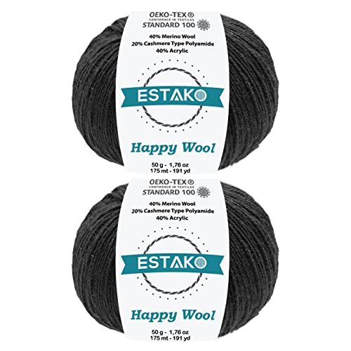 Estako Happy Wool 8003 Strick- und Häkelgarn, 40 % Merinowolle, 20 % Kaschmir, Polyamid, 40 % Acryl, Griffgewicht, weiches Strick- und Häkelgarn, 2 x 50 m, Schwarz, 2 Stück von estako