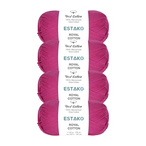 Estako Royal Cotton, 100 % mercerisiertes Giza-Baumwollgarn, weich, super fino zum Häkeln und Stricken, 4 x 50 g, 4 x 137 m, Fuchsia, 4 Knäuel von estako