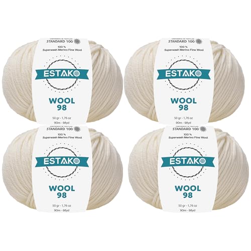 Estako Wolle 98 (4 Knäuel) 100 % Superwash-Merinowolle, mittelschwer, weiches Strick- und Häkelgarn (4 x 50 g) (6350 - Ecru), 4 Knäuel von estako