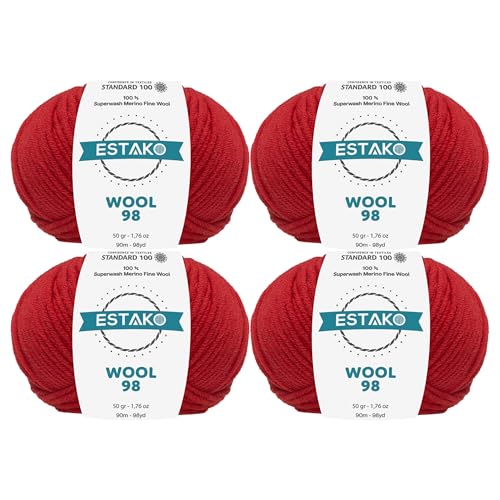 Estako Wolle 98 (6379) 100 % Superwash-Merinowolle, mittelschwer, weiches Strick- und Häkelgarn, 4 x 50 g, Rot, 4 Knäuel von estako