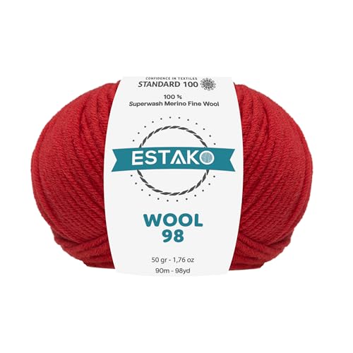 Estako Wool 98, 100 % Superwash-Merinowolle, mittelgroßes Kammgewicht, weiches Strick- und Häkelgarn, 50 g, 90 m, Rot von estako