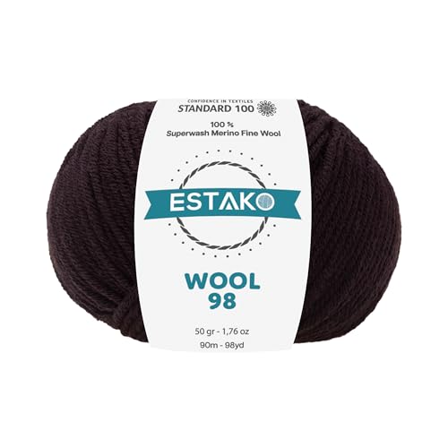 Estako Wool 98, 100 % Superwash-Merinowolle, mittelgroßes Kammgewicht, weiches Strick- und Häkelgarn, 50 g, 90 m, Schwarz von estako