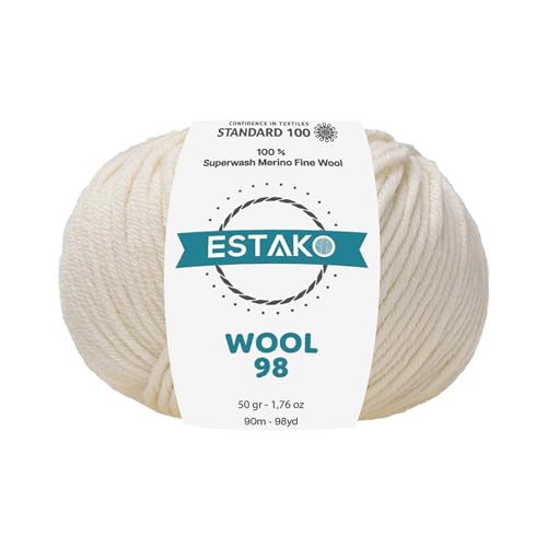 Estako Wool 98, 100 % Superwash-Merinowolle, mittelgroßes Kammgewicht, weiches Strick- und Häkelgarn, 50 g, 90 m (6350 - Ecru) von estako