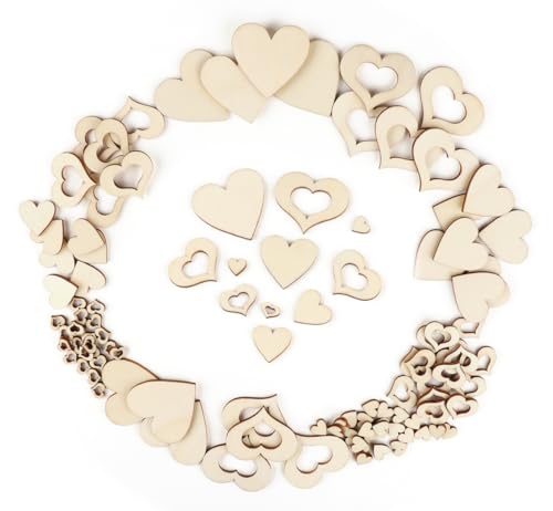 1/2/3/4mm Holzherzen Set,500 Klein Holzherzen für Basteln Hochzeit Deko,Mini Wooden Hearts mit Massivholzherz und Hohlherz,Holzscheiben Herz Streudeko Hochzeit für Weihnachten DIY Tisch/Bilderrahmen von estcoo