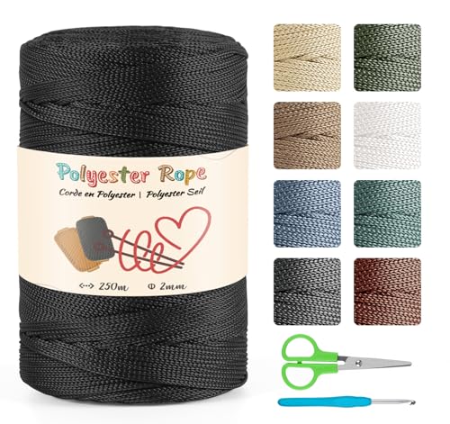 2mm 250m Polypropylen-schnur Makramee Garn Set, 100% Polyester Cord Polypropylene Yarn, Makramee-Kordel für DIY Handwerk, Strickwaren (Schwarz) von estcoo