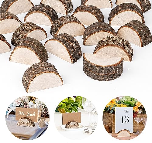 estcoo Weihnachten Holz Tischkartenhalter Set,20 Stück Holzsteg Kartenhalter mit 20 Stück Karte aus Kraftpapier und 50m Natürliches Juteseil Memohalter Sitzkartenhalter für Hochzeit Weihnachtenparty von estcoo